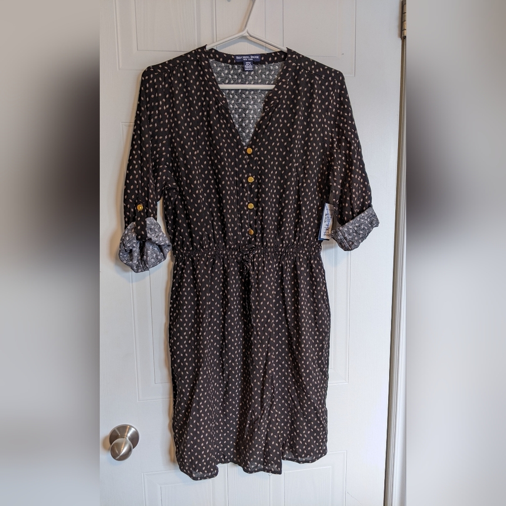 NWT Beechers Brook 3/4 Sleeve Button Dress Size Medium Black Pattern